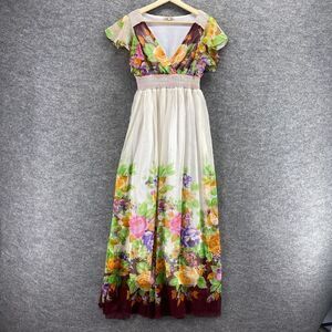 Magic Dress Women S Small White Floral Maxi Long V-Neck Short Sleeve Casual